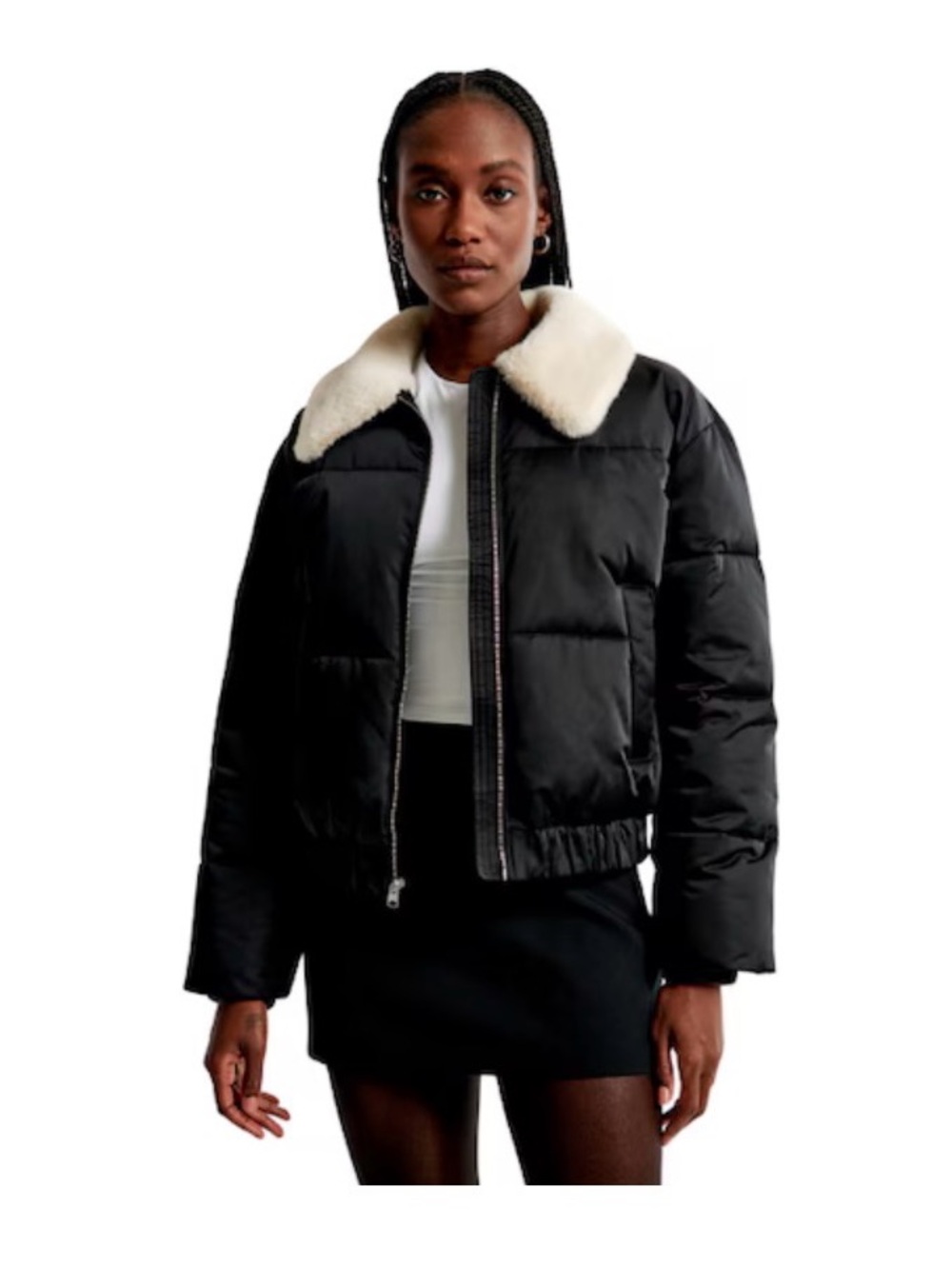 Abercrombie& Fitch Unisex Black Puffer Jacket,Cream Faux-FurCollar Size L